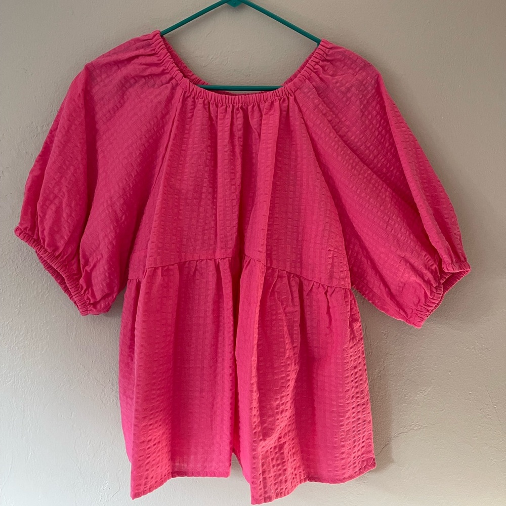 Women’s Pink Old Navy Waffle Knit Puff Sleeve Peplum Top XL